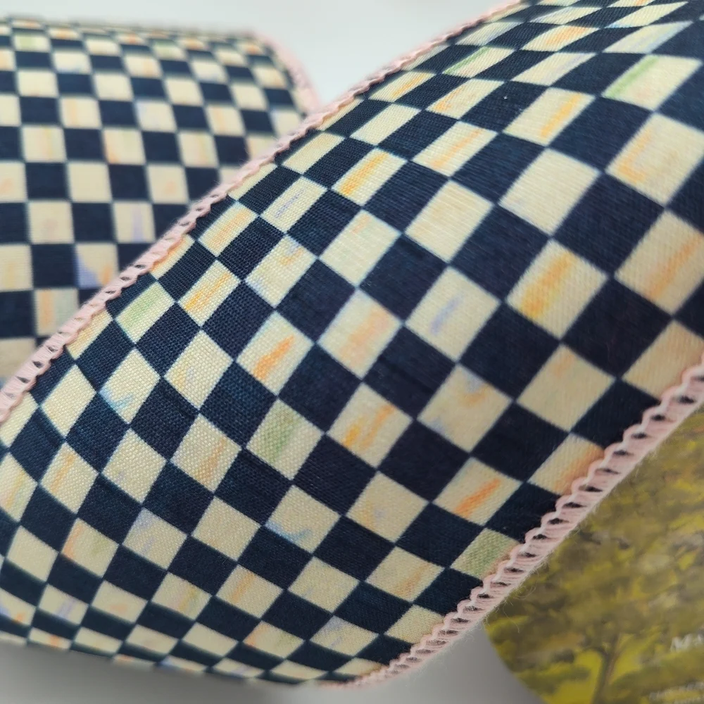 MACKENZIE-CHILDS Courtly Check 2.5"  Wired Ribbon Two (2) Yards Pink Edge - Picture 2 of 4